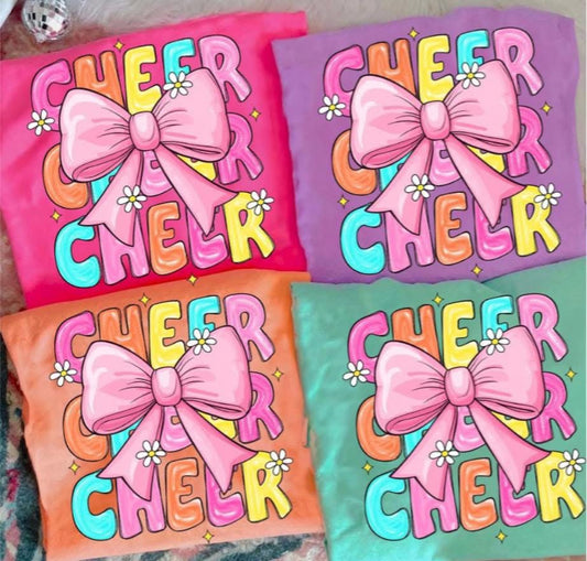 Cheer x3 with Big Pink Bow - T SHIRT - (Jerzee/Gildan)