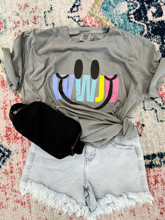 WWJD with Black Smiley - T SHIRT - (Comfort Color/Bella)