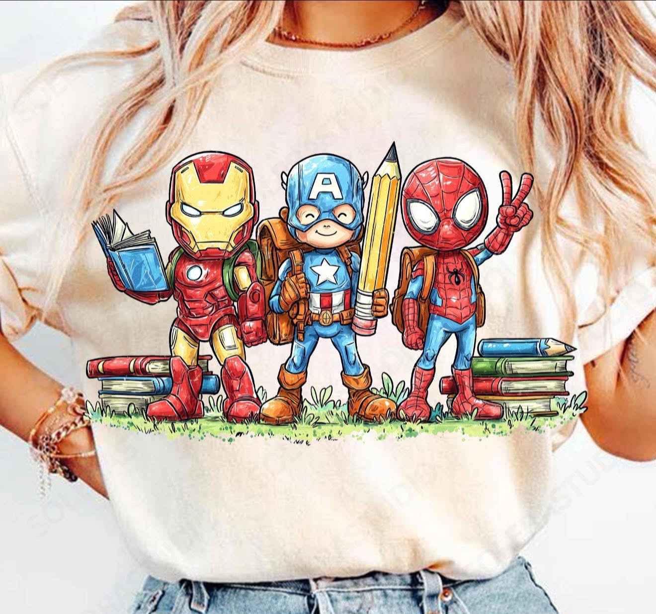 Baby Marvel with Books, Pencils & Backpack - T SHIRT - (Jerzee/Gildan)