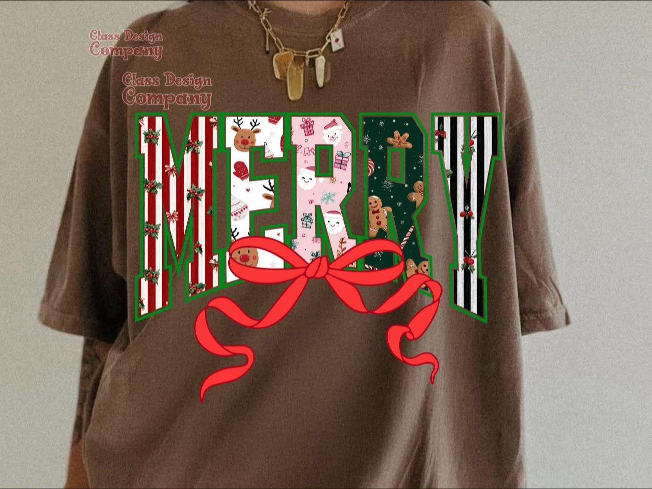 Merry Block Letters with Red Bow - T SHIRT - (Comfort Color/Bella)