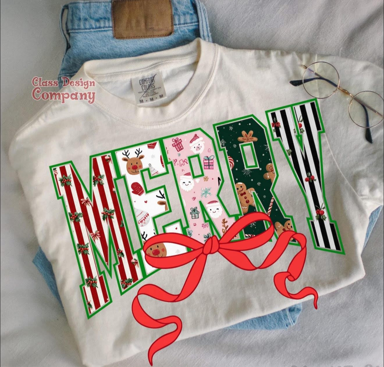 Merry Block Letters with Red Bow - T SHIRT - (Comfort Color/Bella)