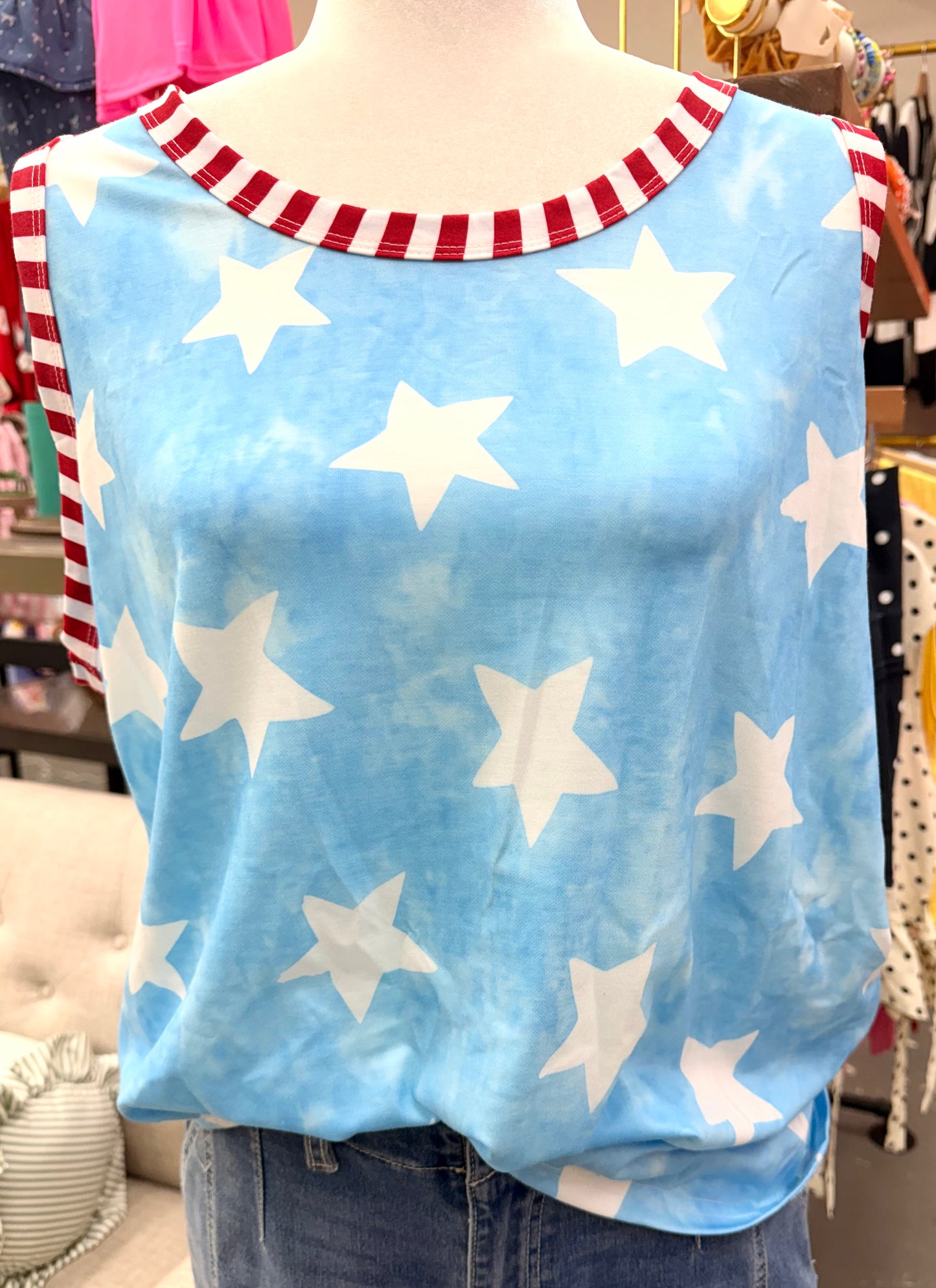 LAS DYE STAR PRINT STRIPED TRIM CASUAL TANK TOP-060826MG