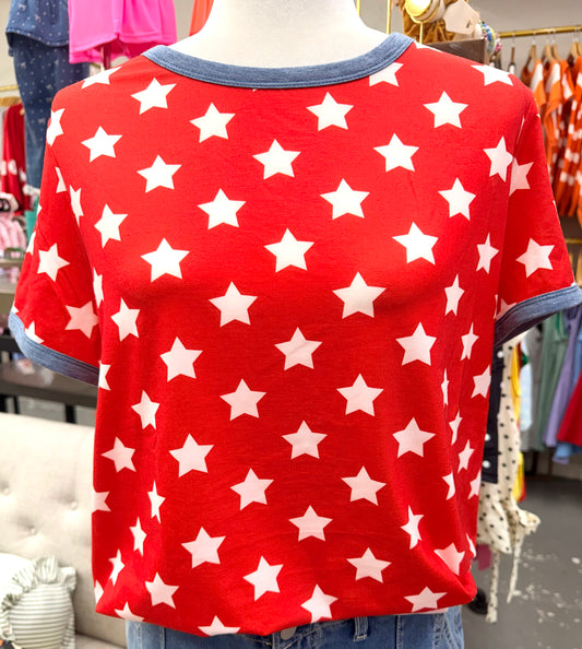 LAS PATRIOTIC STAR PRINT CONTRAST CUFFED TEES-060826MG1