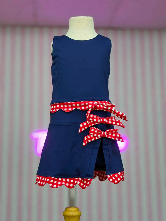 GINGHAM SCALLOP ATHLETIC SKORT SET-IN STORE- (NAVY BLUE BASE/ RED AND WHITE GINGHAM) 071626RW