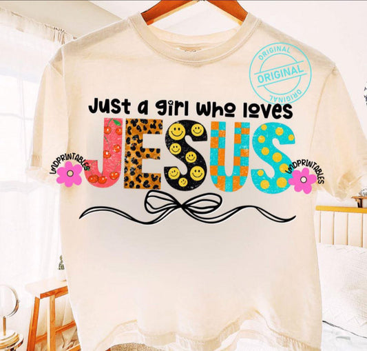Just a Girl Who Loves Jesus with Smiley Faces - T SHIRT - (Jerzee/Gildan)
