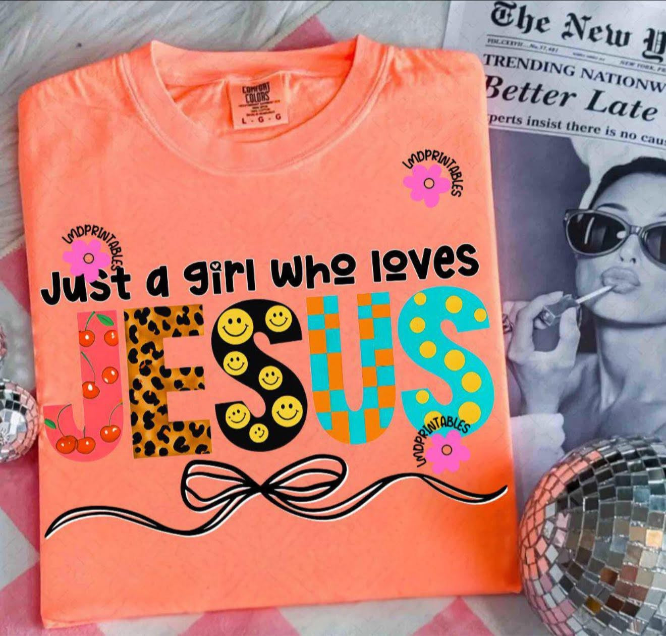 Just a Girl Who Loves Jesus with Smiley Faces - T SHIRT - (Jerzee/Gildan)