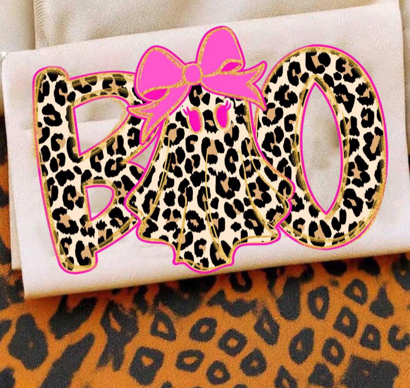 Cheetah BOO with Pink Bow - T SHIRT - (Jerzee/Gildan)