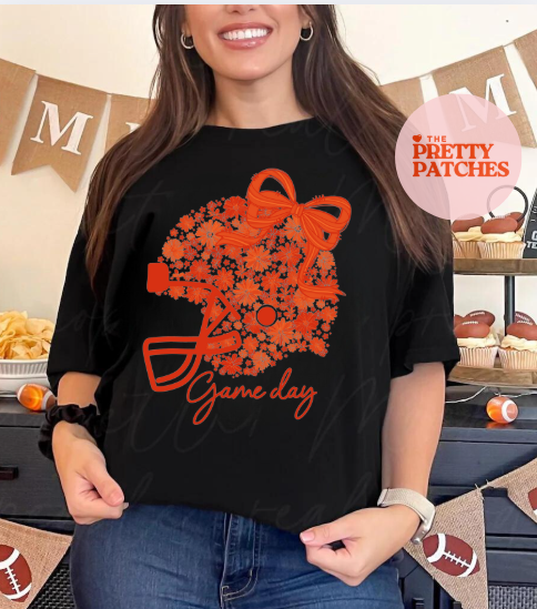 Floral Football Helmet with Bow ORANGE DESIGN ONLY - T SHIRT - (Jerzee/Gildan)