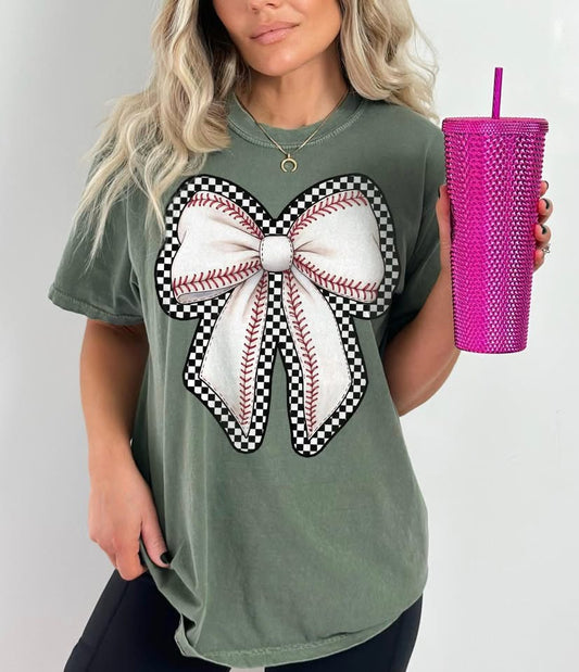 Checkered Baseball Bow- TSHIRT- (COMFORT COLOR/BELLA)