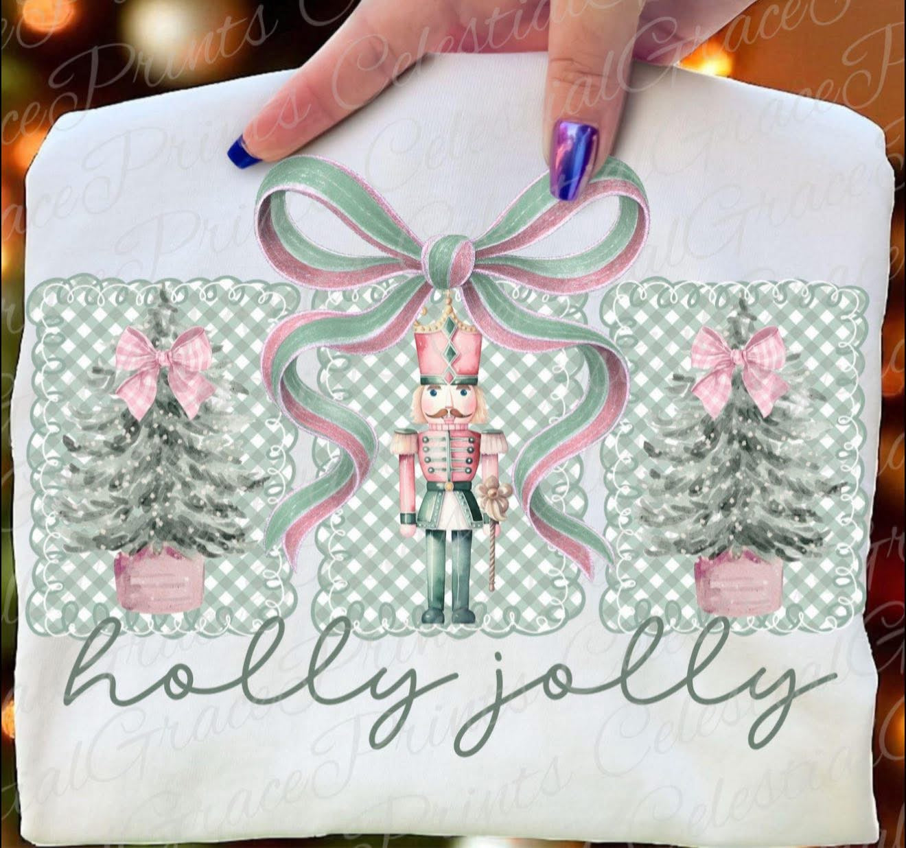 Holly Jolly Pink & Green with Nutcracker & Bow - T SHIRT - (Jerzee/Gildan)