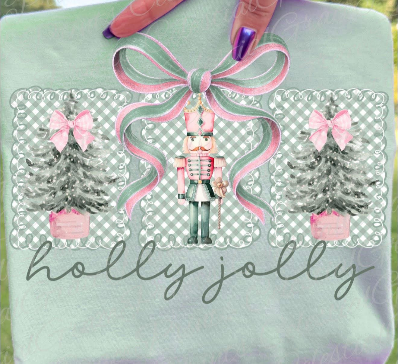Holly Jolly Pink & Green with Nutcracker & Bow - T SHIRT - (Jerzee/Gildan)
