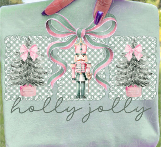 Holly Jolly Pink & Green with Nutcracker & Bow - T SHIRT - (Jerzee/Gildan)