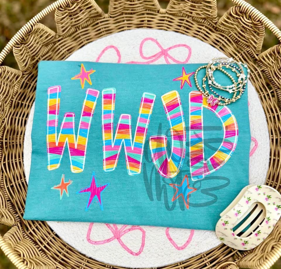 COLORFUL WWJD 🩷🩵💚💜- T SHIRT - (COMFORT COLOR/BELLA)