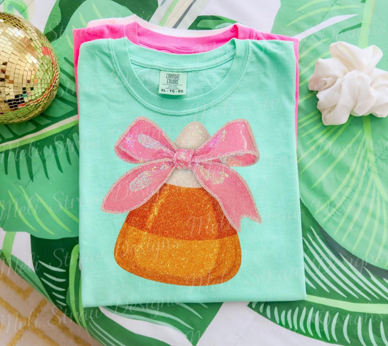 Glittery Candy Corn with Bow - T SHIRT - (Jerzee/Gildan)