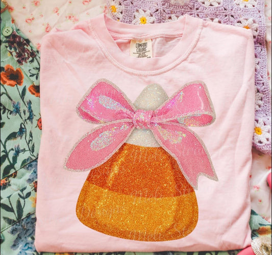 Glittery Candy Corn with Bow - T SHIRT - (Jerzee/Gildan)