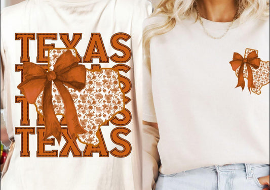 Texas x4 with Floral State & Bow -TEE - (BELLA/COLOR COMFORT) FRONT POCKET - BACK FULL IMAGE