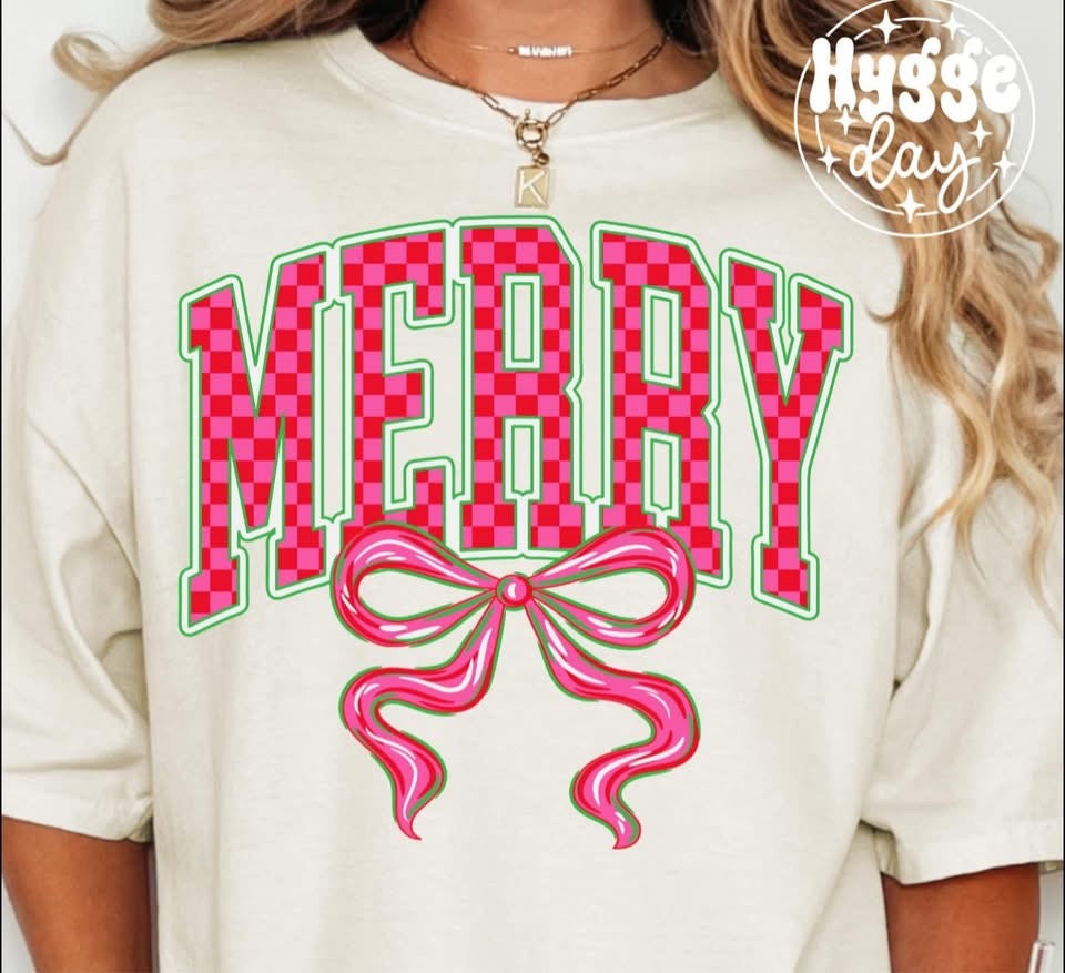 MERRY Checkered with Bow- T SHIRT - (Jerzee/Gildan)