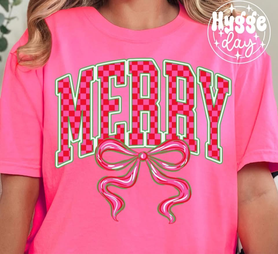 MERRY Checkered with Bow- T SHIRT - (Jerzee/Gildan)