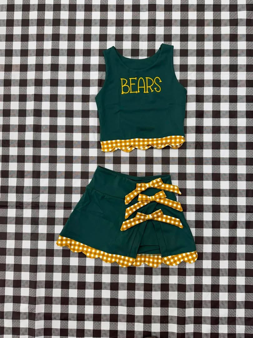 LCM BEARS GINGHAM SCALLOP ATHLETIC SKORT SET (FOREST GREEN BASE- GOLD AND WHITE GINGHAM- GOLD STITCHING) (PREORDER)