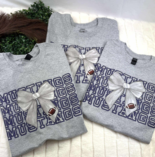 Mustangs x4 with White Bow with Football - T SHIRT - (Jerzee/Gildan)