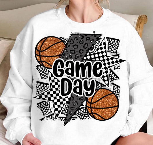 Glittery Basketball Game Day with Leopard Bolt & Checkered Stars - T SHIRT - (Jerzee/Gildan)