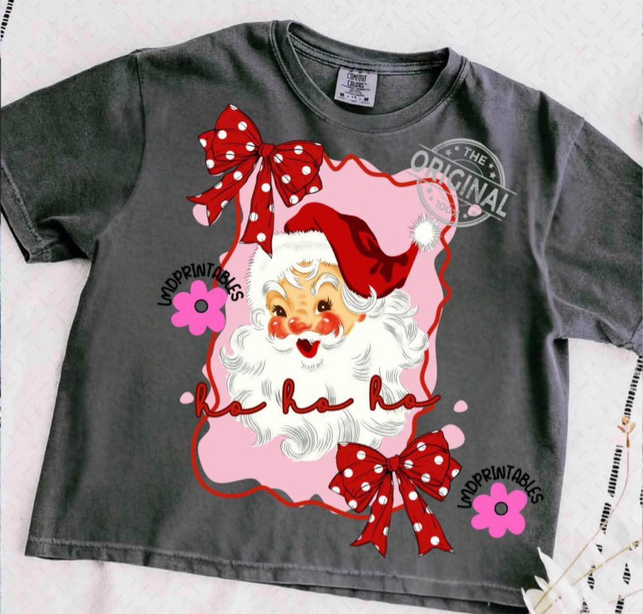 Ho Ho Ho with Santa & Red Bow with Polka Dots - T SHIRT - (Jerzee/Gildan)