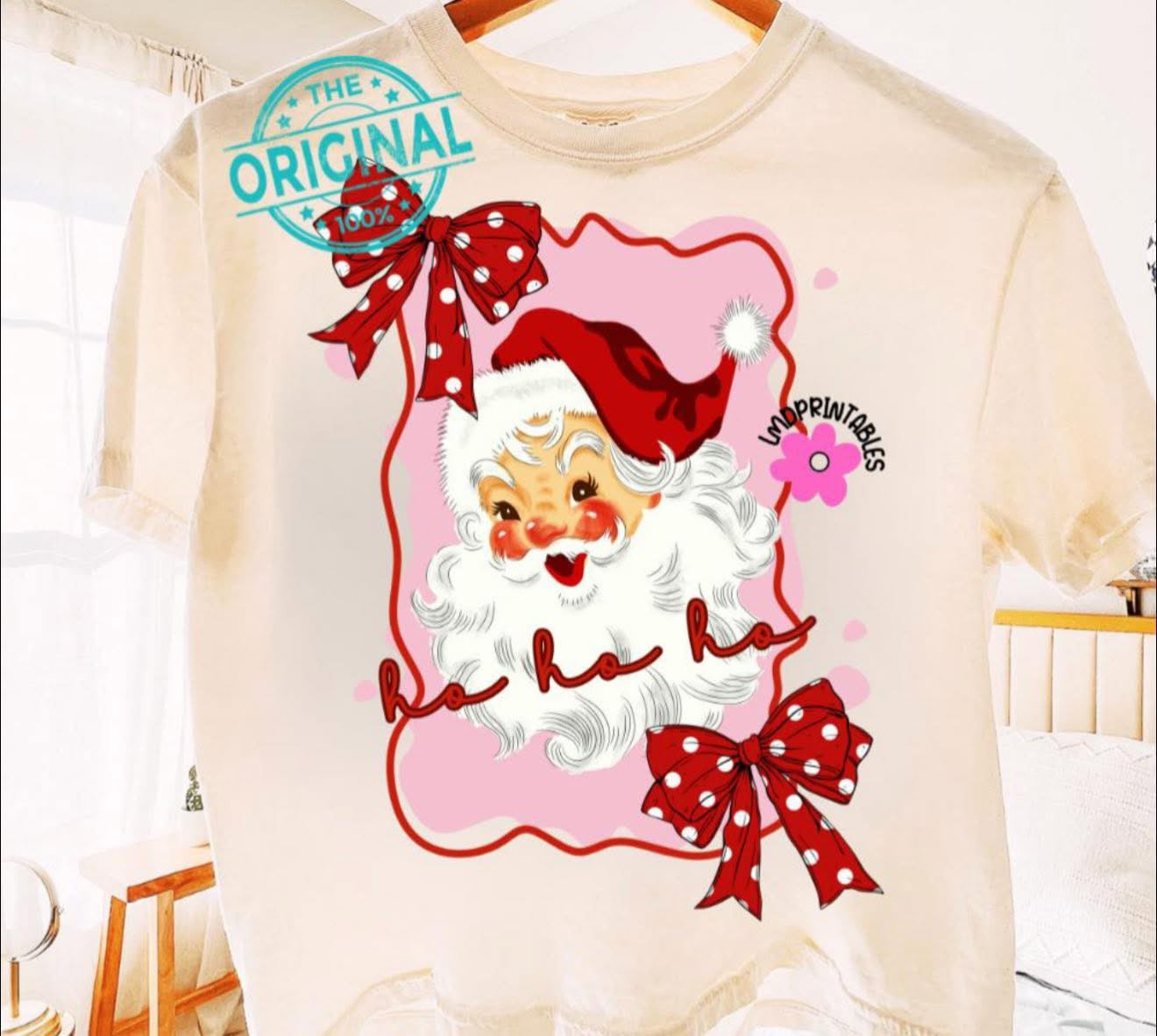 Ho Ho Ho with Santa & Red Bow with Polka Dots - T SHIRT - (Jerzee/Gildan)