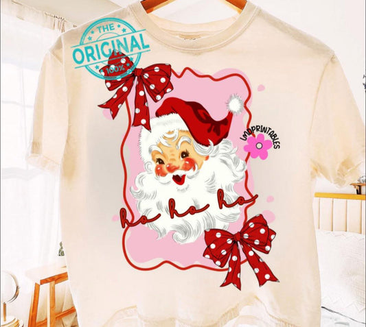 Ho Ho Ho with Santa & Red Bow with Polka Dots - T SHIRT - (Jerzee/Gildan)