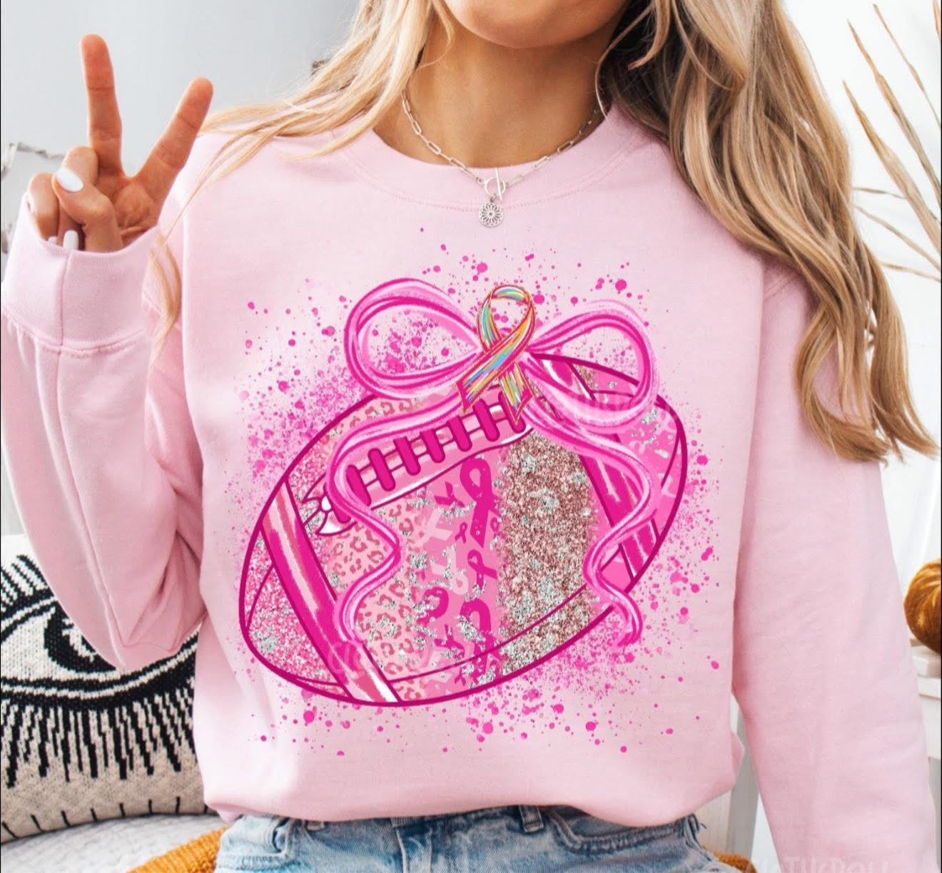 Pink Out Football, Bow & Glitter - T SHIRT - (Jerzee/Gildan)