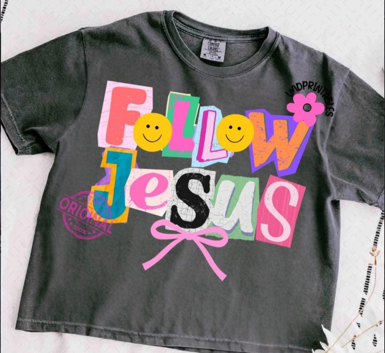 Neon Follow Jesus with Smiley Faces - T SHIRT - (Jerzee/Gildan)