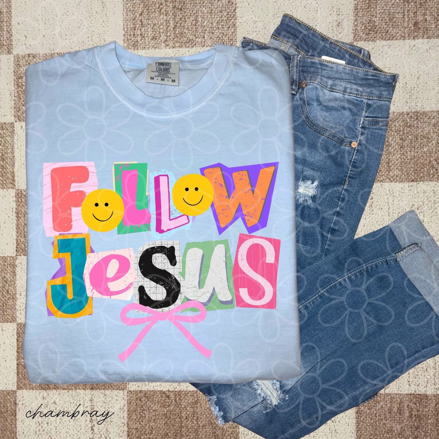 Neon Follow Jesus with Smiley Faces - T SHIRT - (Jerzee/Gildan)