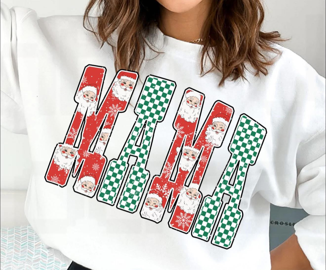 Christmas Mama with Santa & Green Checkered - T SHIRT - (Comfort Color)