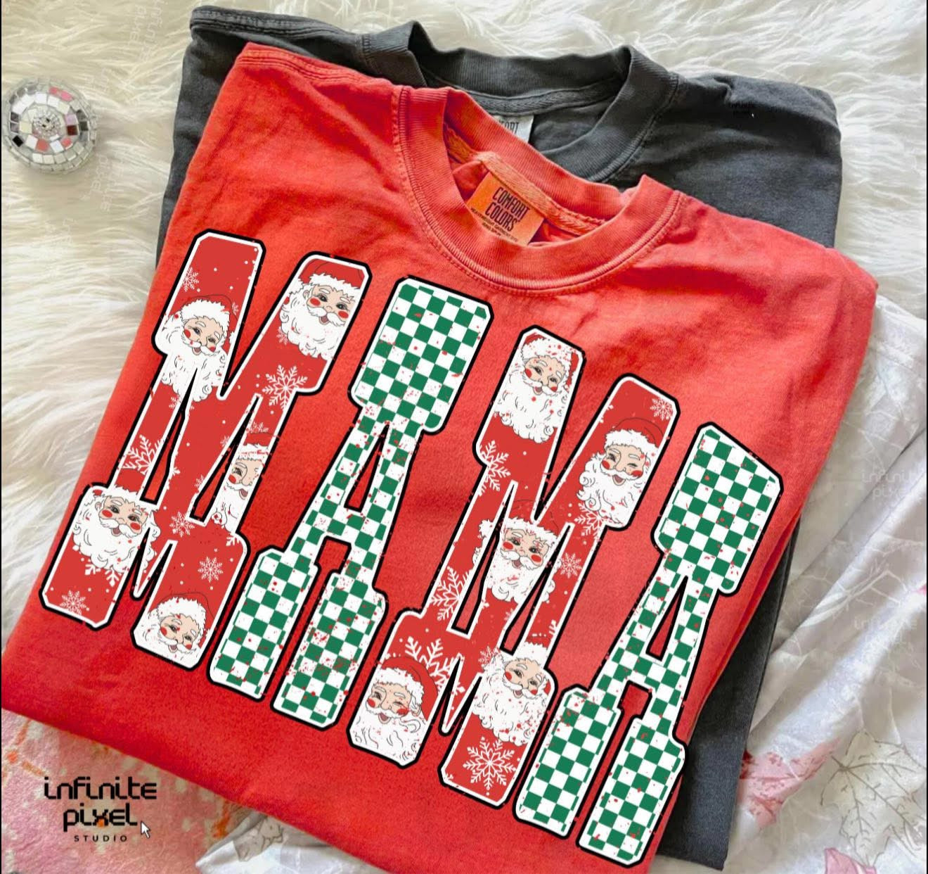 Christmas Mama with Santa & Green Checkered - T SHIRT - (Comfort Color)