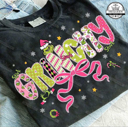 Grinchy with Pink Bow - T SHIRT - (Jerzee/Gildan)