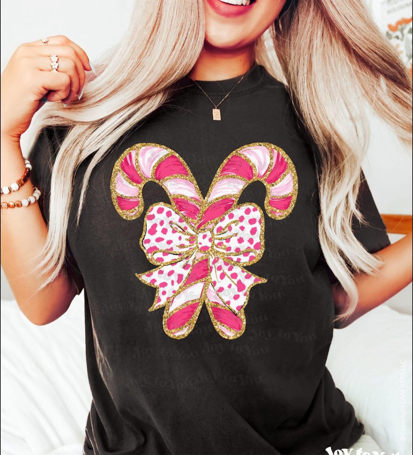 Girly Glittery Candy Canes with Bow - T SHIRT - (Bella)