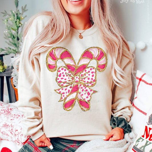 Girly Glittery Candy Canes with Bow - LONGSLEEVE - (Comfort Color)