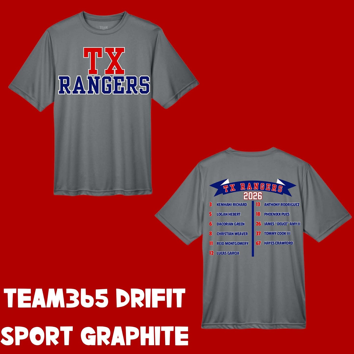 TX RANGERS - TEAM365 DRIFIT TSHIRT- SPORT GRAPHITE (FRONT AND BACK IMAGES)