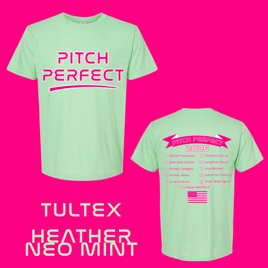 PITCH PERFECT - TULTEX TSHIRT- HEATHER NEO MINT (FRONT AND BACK IMAGES)