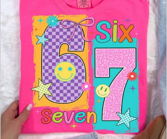Six - Seven - but GIRLY Neon with Stars & Smiley Faces - T SHIRT - (Comfort Color)