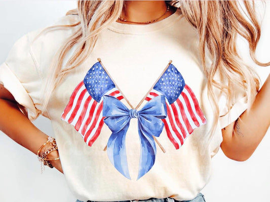 American Flags with Blue Bow - T SHIRT - (Jerzee/Gildan)