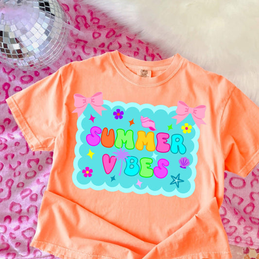 Summer Vibes with Bows & Flowers- T SHIRT- (Jerzee/Gildan)