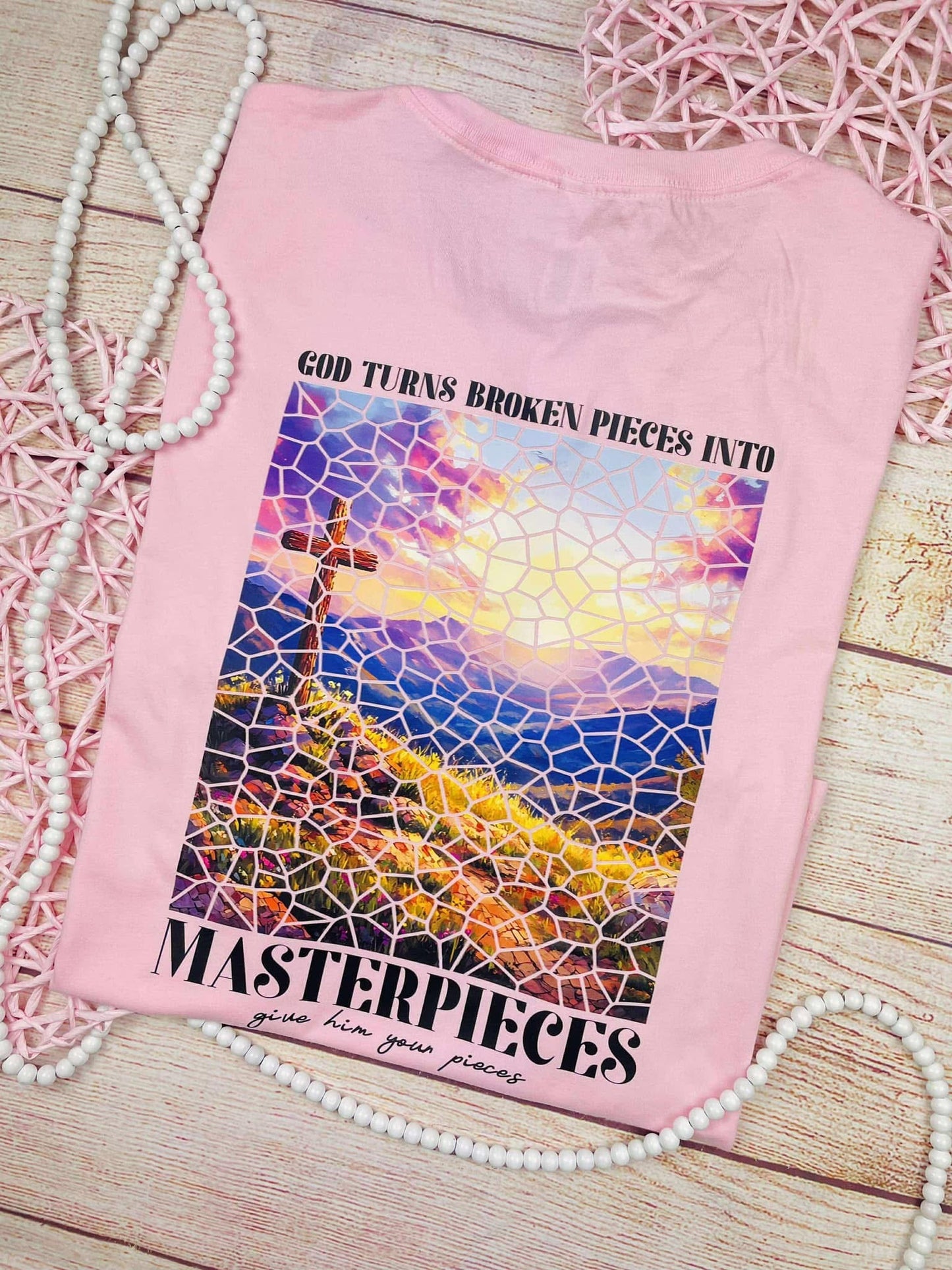 God Turns Broken Pieces.. - T SHIRT - (Jerzee/Gildan) - FRONT POCKET & BACK IMAGE