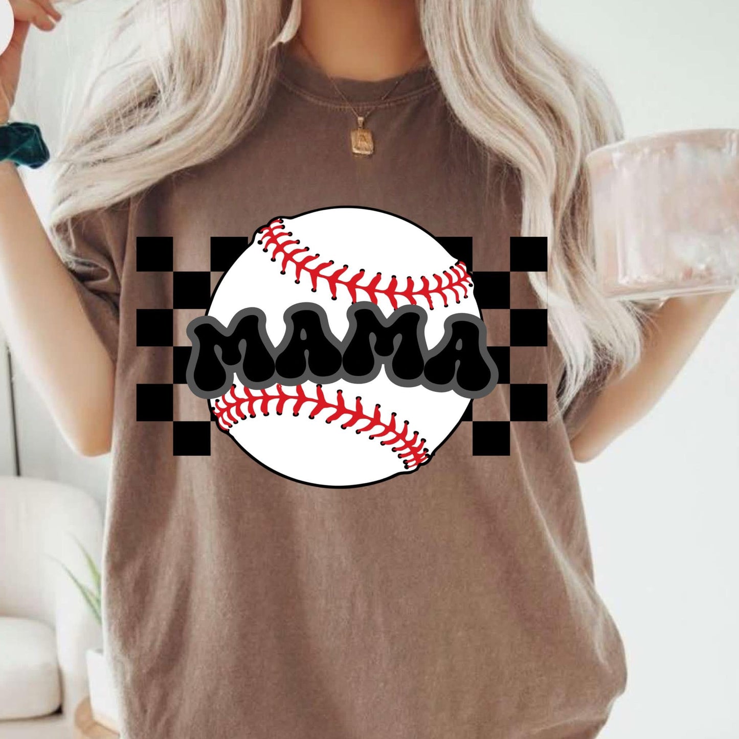 Baseball Mama on Checkered Background - T SHIRT - (Bella)