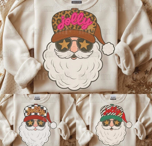 Jolly Santa with Glasses - Cheetah Hat with pink Jolly - SWEATSHIRT - (Jerzee/Gildan)