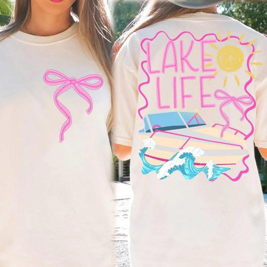 Lake Life with Sun & Bow (front pocket & full back) - T SHIRT- (Bella)