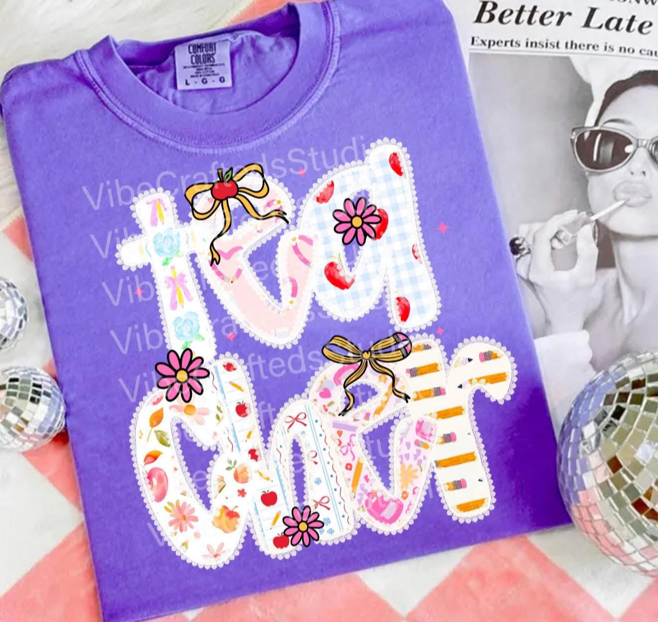 Teacher with Bow, Flowers & Apples - T SHIRT - (Comfort Color)