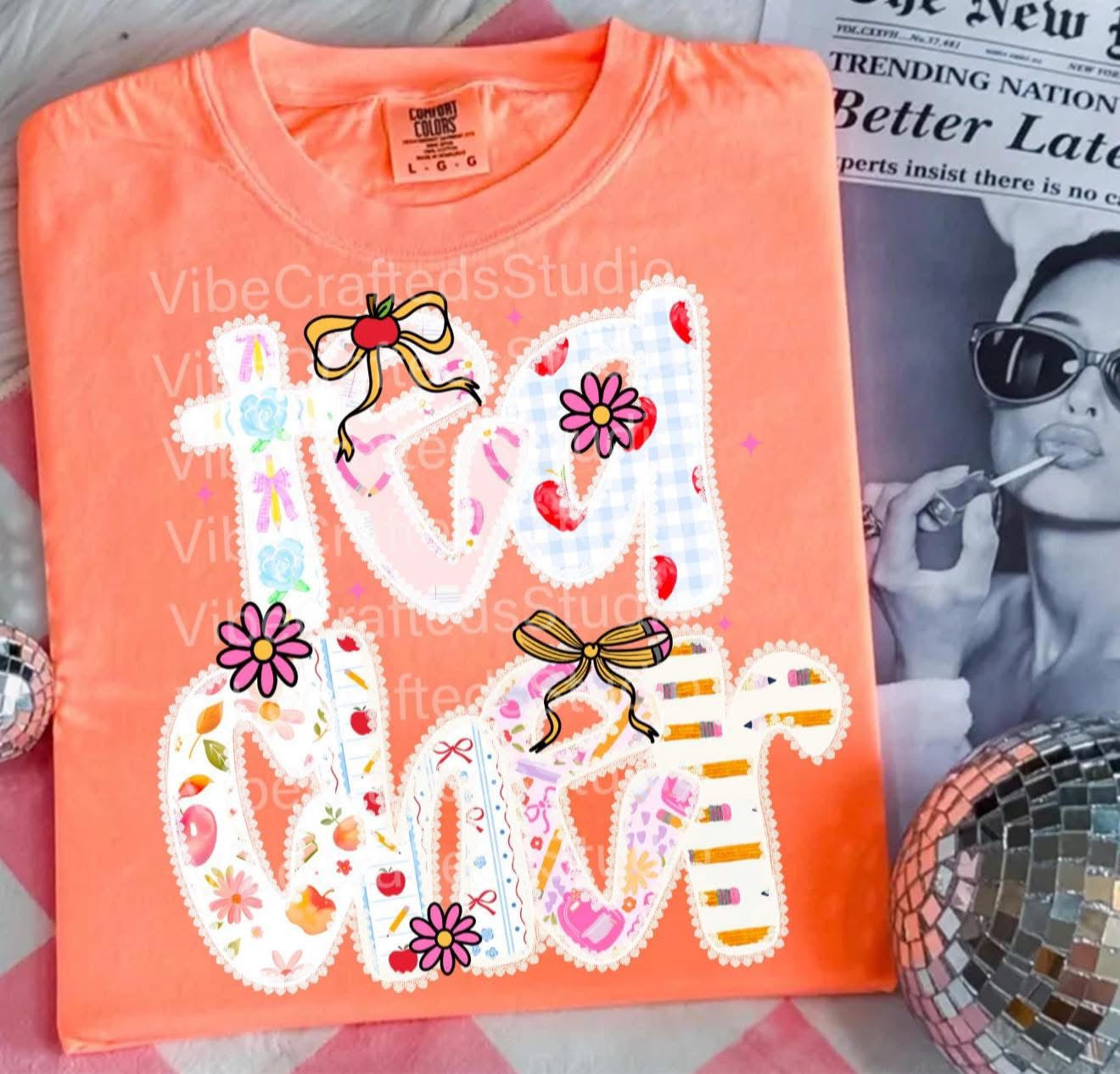 Teacher with Bow, Flowers & Apples - T SHIRT - (Comfort Color)