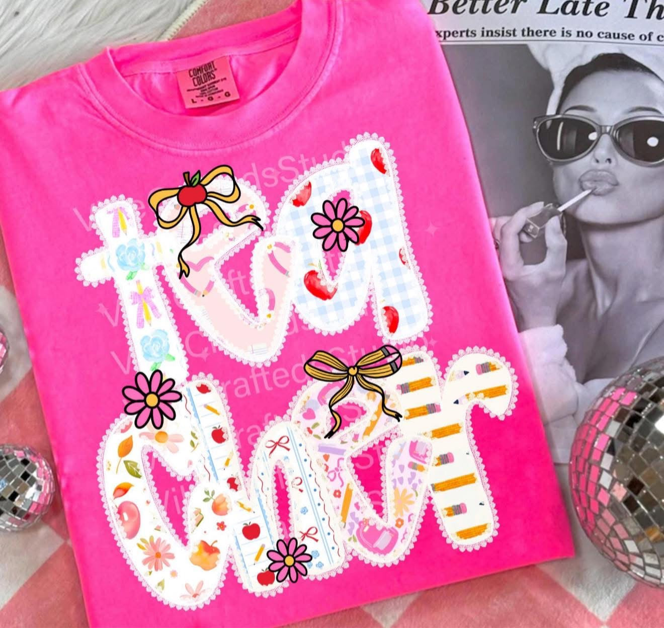 Teacher with Bow, Flowers & Apples - T SHIRT - (Comfort Color)