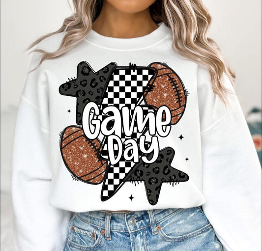 Glittery Game Day with Stars, Football & Bolt - T SHIRT- (Jerzee/Gildan)
