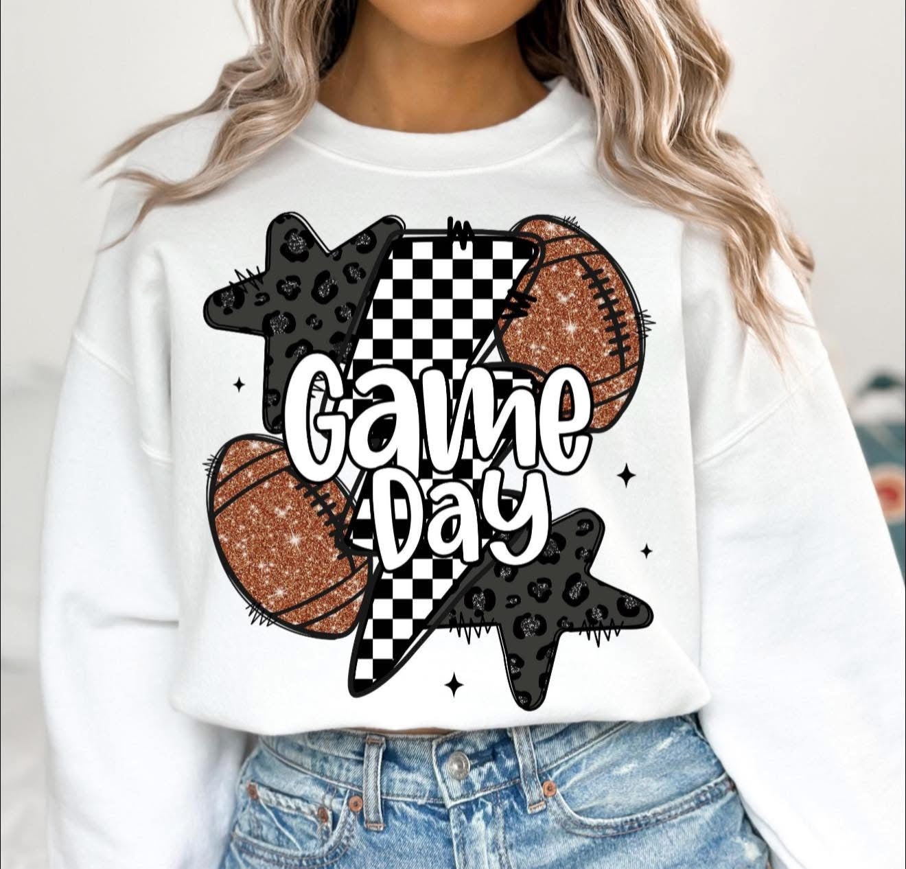 Glittery Game Day with Stars, Football & Bolt - T SHIRT- (Jerzee/Gildan)